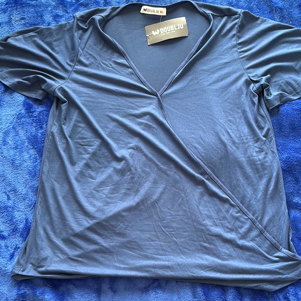 Doublju Blue Wrap Short Sleeve Blouse